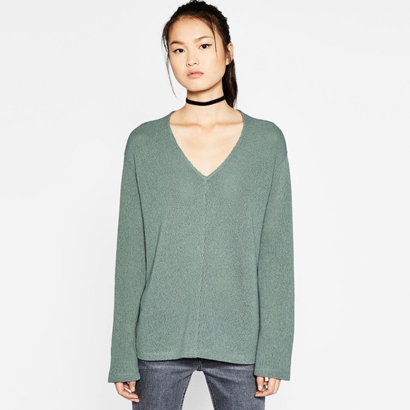 Zara V-neck Wide-sleeve Blue-Green Sweater - Picture 2 of 4